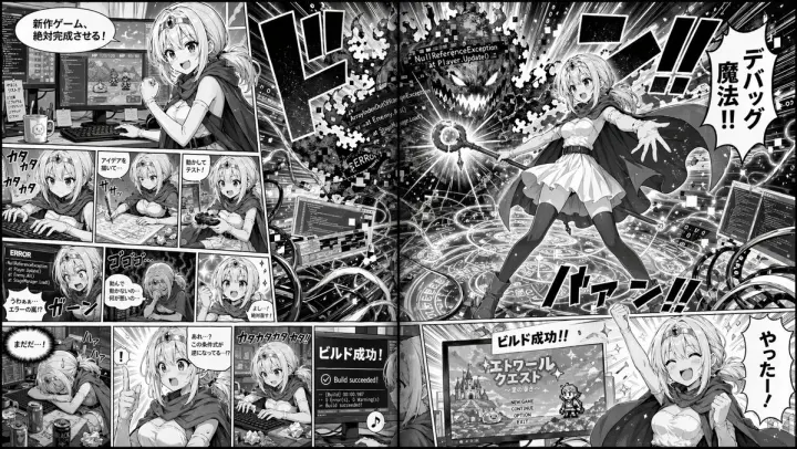 Manga Spread: Fantasy Game Developer generated from a GPT Image 2 prompt