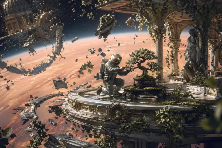 Astronaut Tending Bonsai in Space Ruins generated from a GPT Image 2 prompt