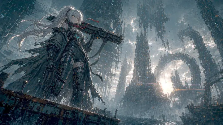 Mecha Girl Sea-City Key Visual generated from a GPT Image 2 prompt