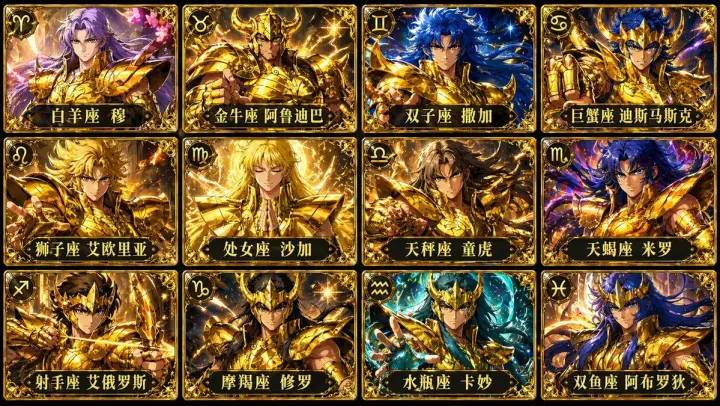 Saint Seiya Gold Saints Card Grid generated from a GPT Image 2 prompt