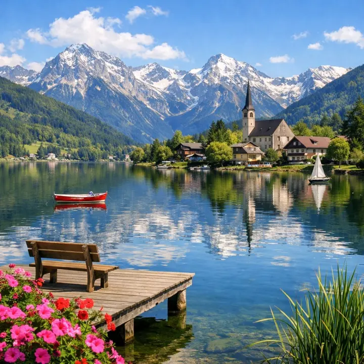 田园诗般的阿尔卑斯湖畔村庄景观 generated from a GPT Image 2 prompt