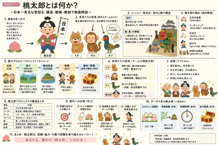 混合风格的桃太郎讲解 Slides generated from a GPT Image 2 prompt
