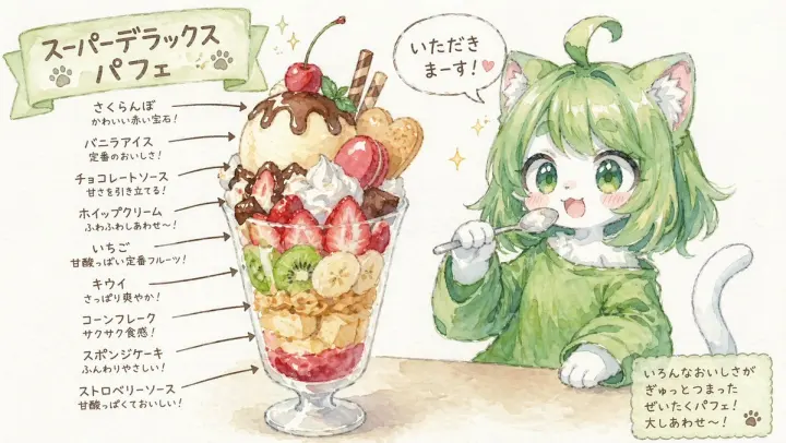Character Eating Parfait with Annotations generated from a GPT Image 2 prompt