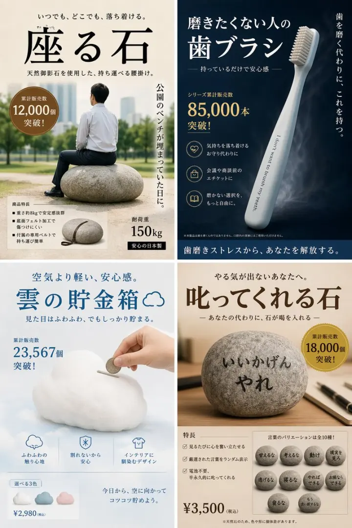 Satirical 4-Panel Product Ads generated from a GPT Image 2 prompt