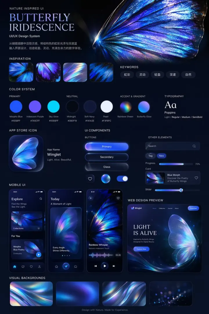 Iridescent Butterfly UI/UX 设计系统 generated from a GPT Image 2 prompt