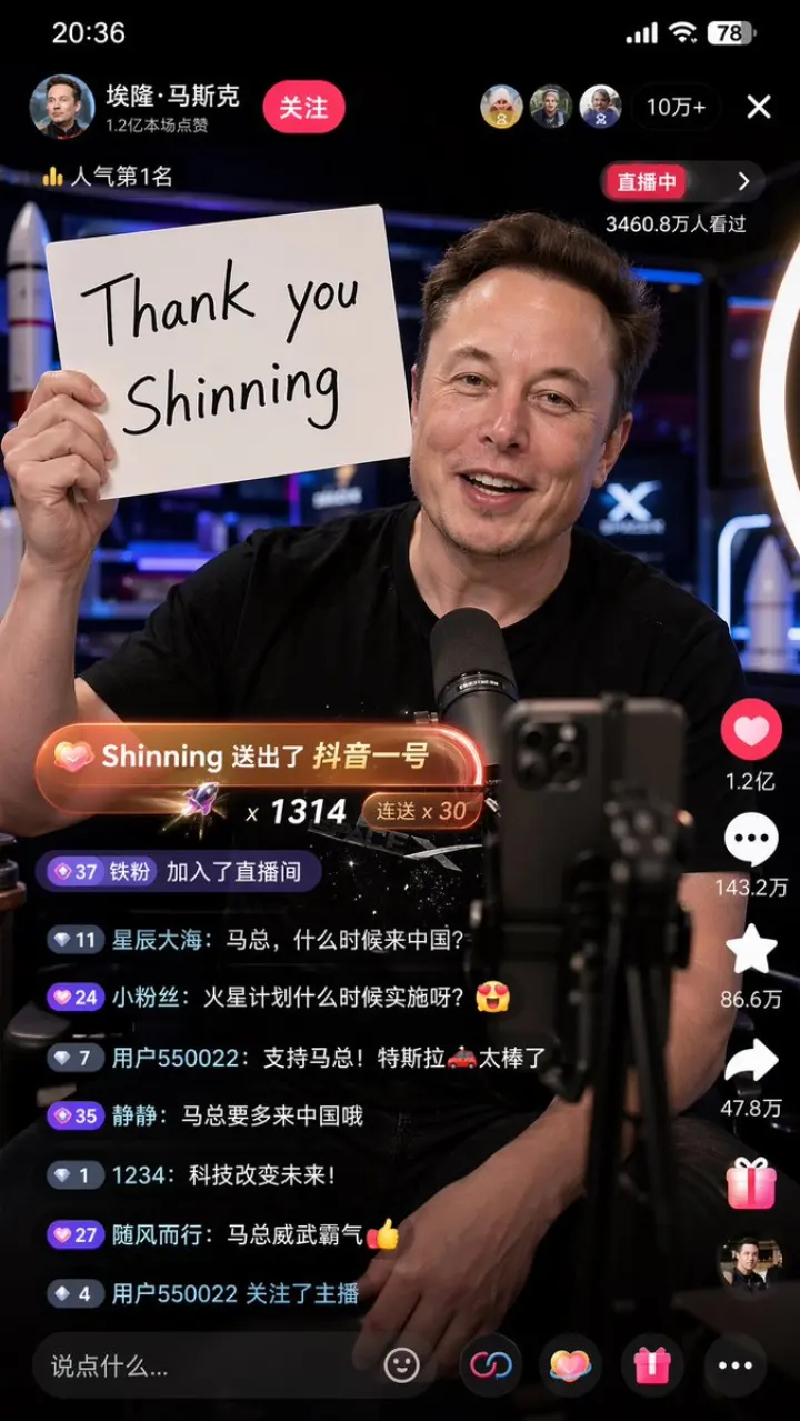 Elon Musk Douyin Livestream Screenshot generated from a GPT Image 2 prompt