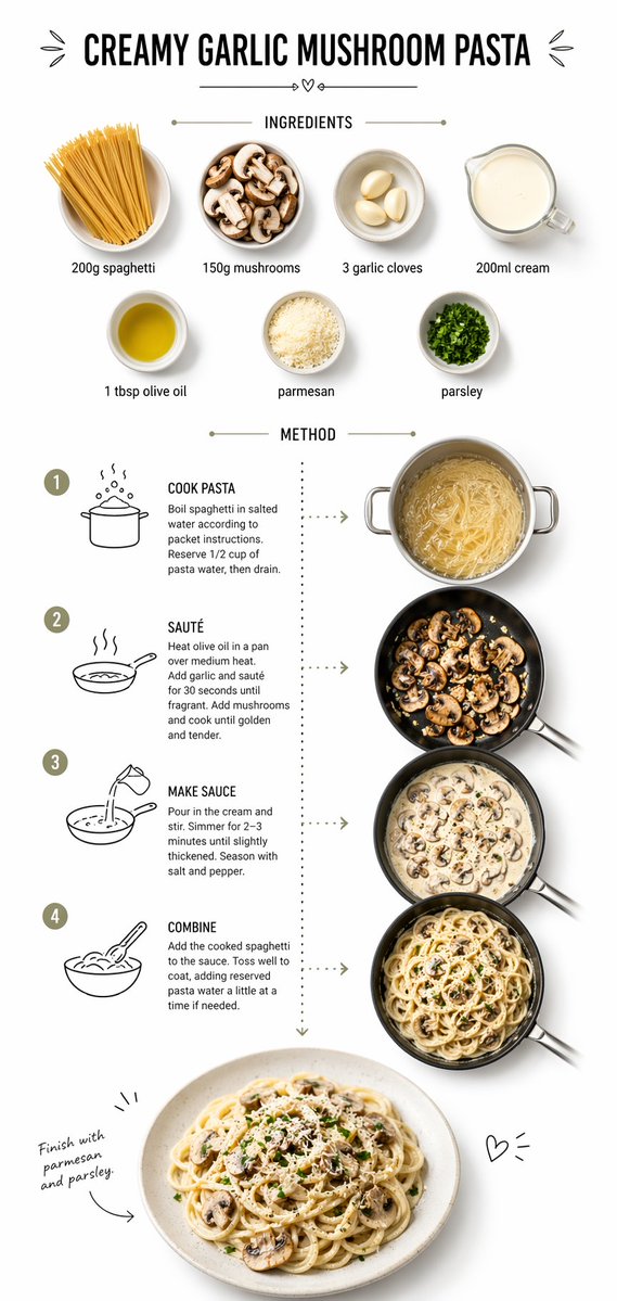 Step-by-step recipe infographic creamy garlic GPT Image 2 UI prompt example