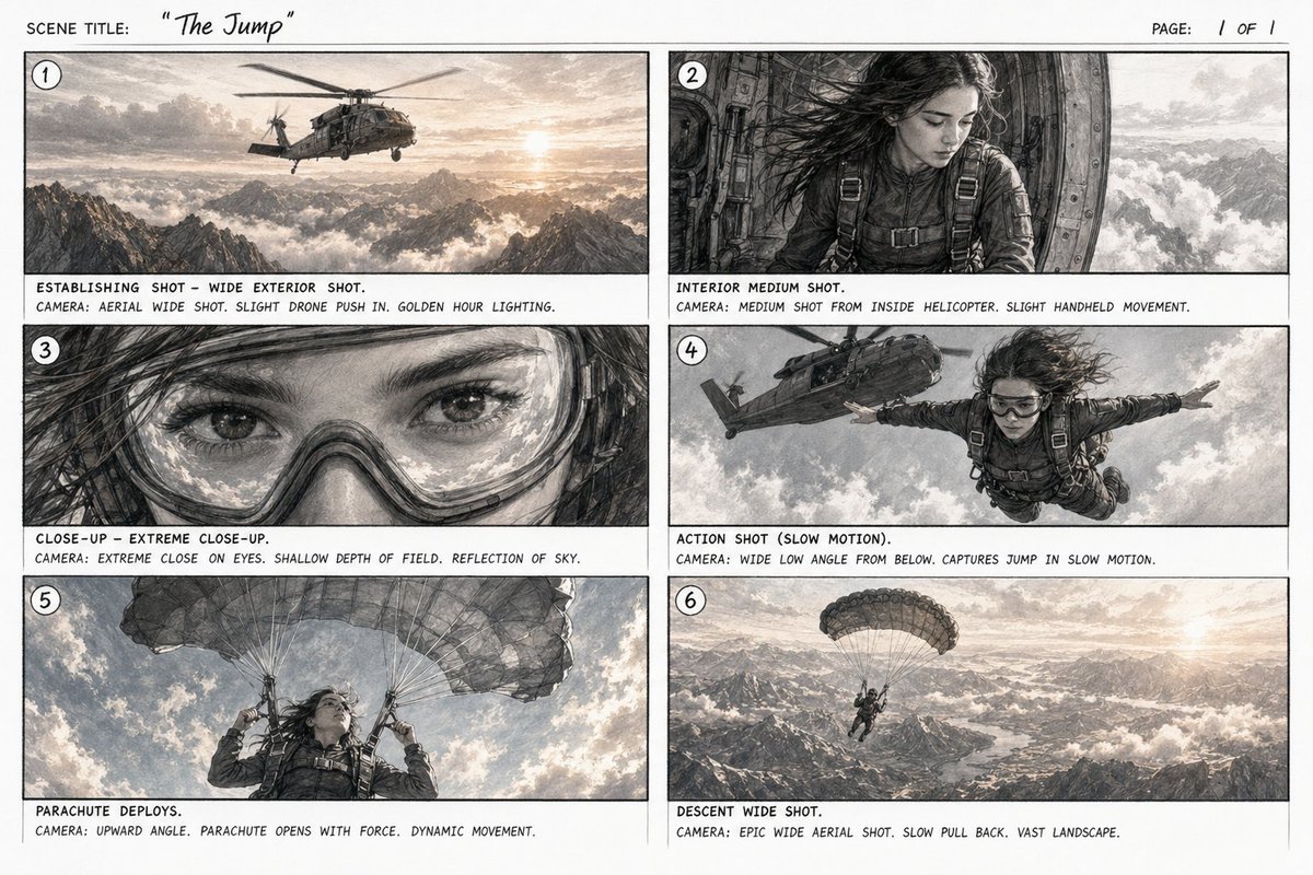 Professional cinematic storyboard sheet panels GPT Image 2 concept art prompt example