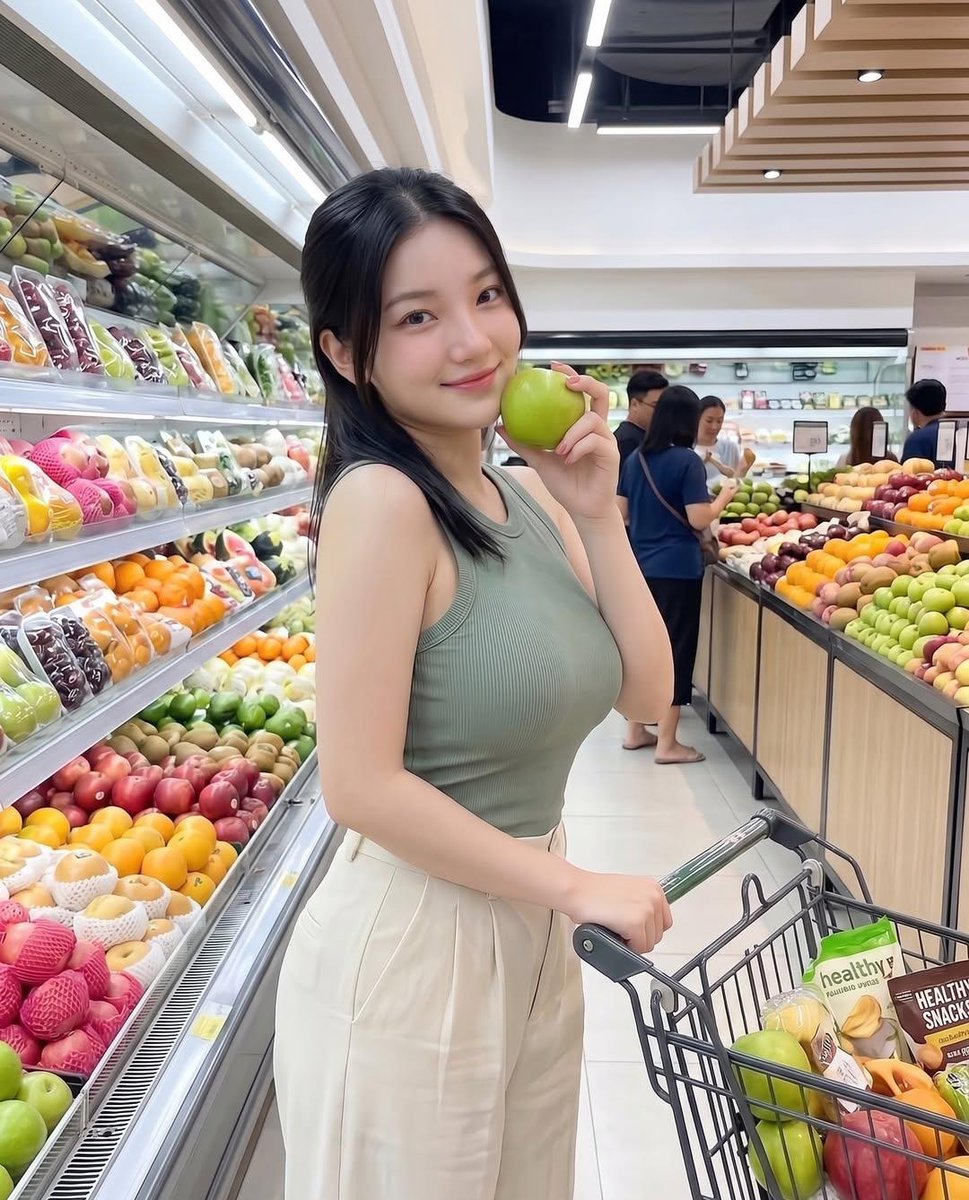 Young woman shopping modern grocery GPT Image 2 image prompt example