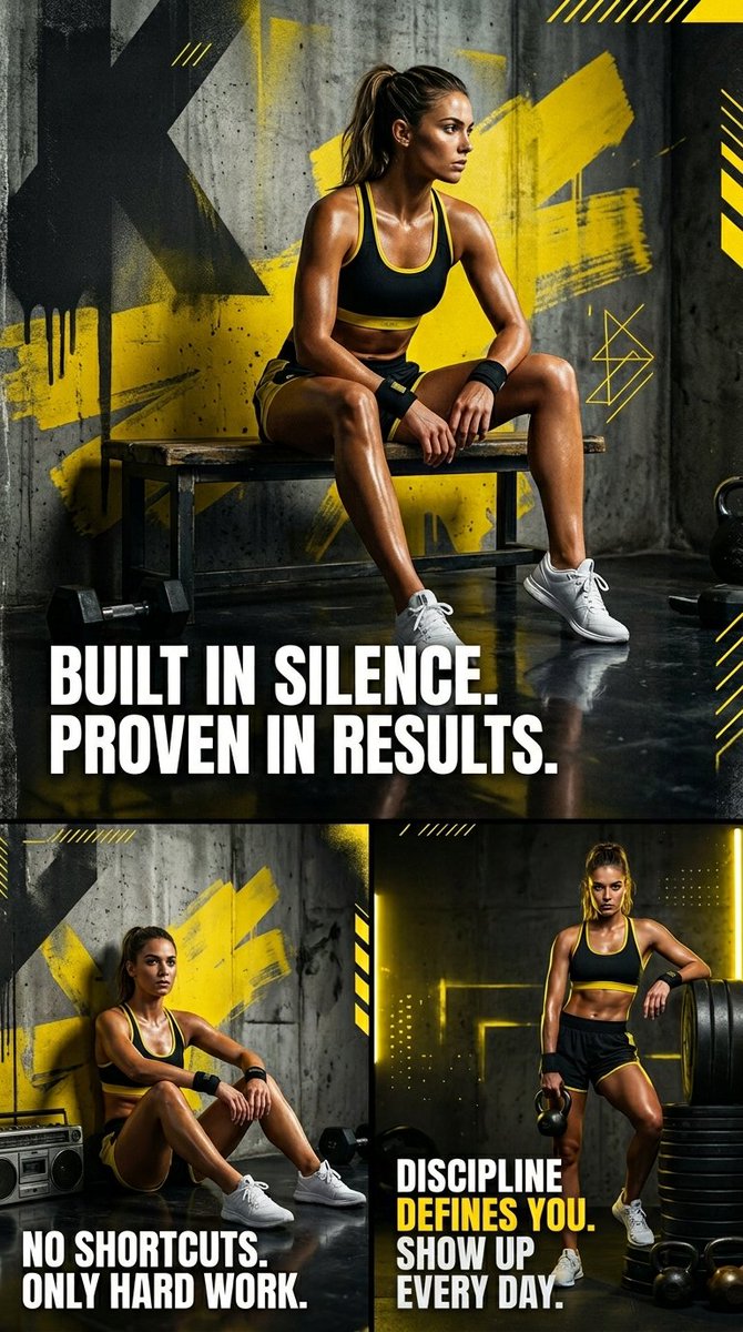 High-end cinematic 3-panel triptych fitness GPT Image 2 poster design prompt example