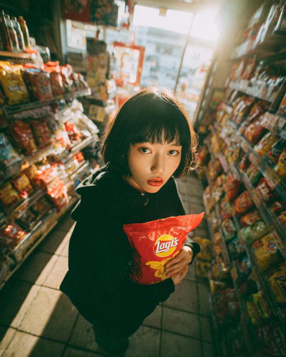 Young girl convenience store top-down GPT Image 2 image prompt example