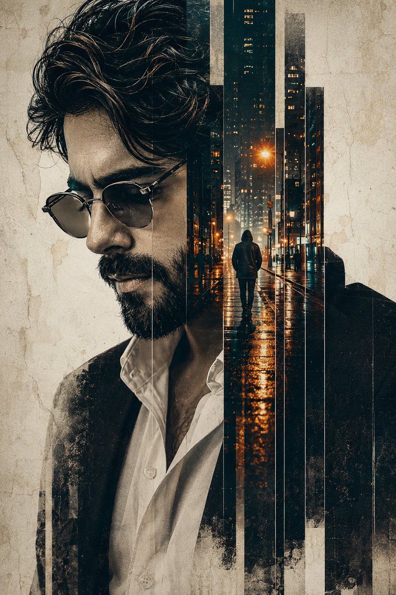 High-contrast double-exposure editorial portrait man GPT Image 2 prompt example