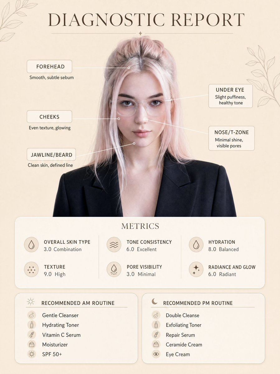 Clean minimal skincare diagnostic report GPT Image 2 poster design prompt example