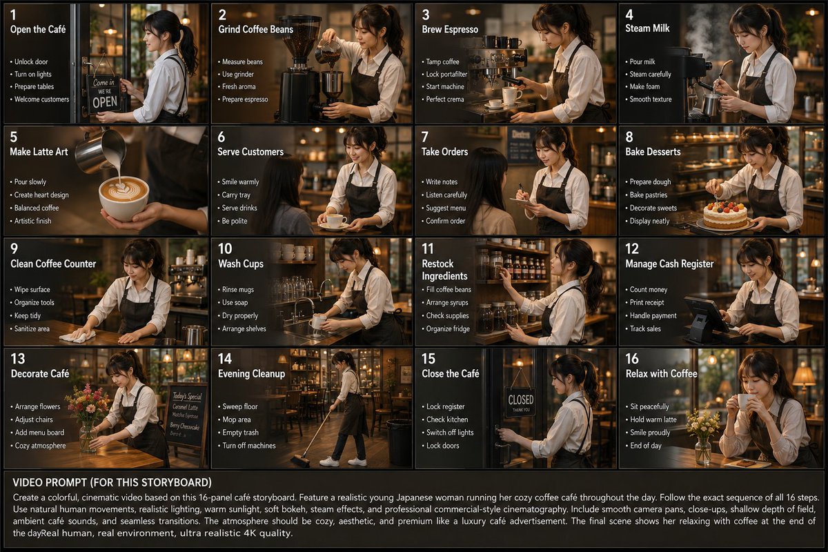 Wide 16-panel cinematic storyboard infographic GPT Image 2 UI prompt example