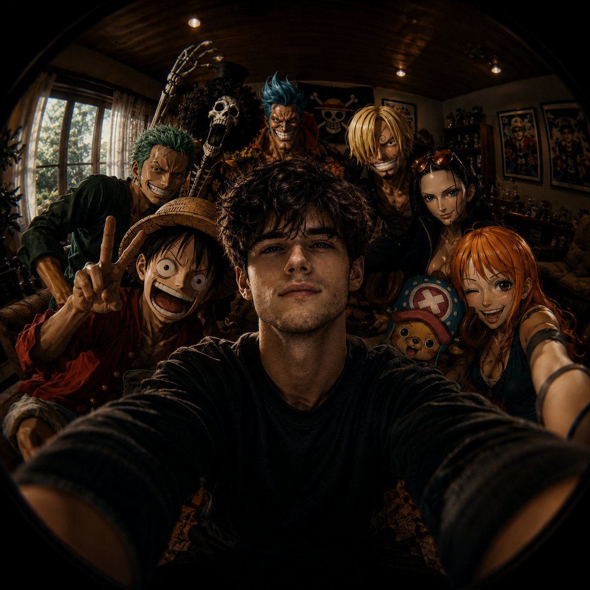 Ultra-wide fisheye selfie shot anime GPT Image 2 concept art prompt example