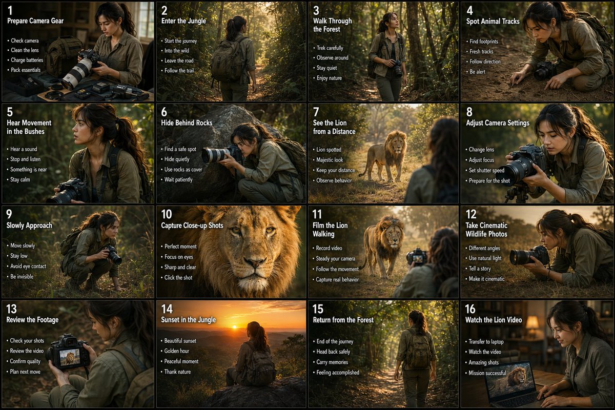 Cinematic 16-panel storyboard infographic showing GPT Image 2 concept art prompt example
