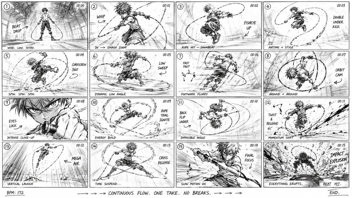 Hyper-dynamic anime jump rope storyboard GPT Image 2 concept art prompt example