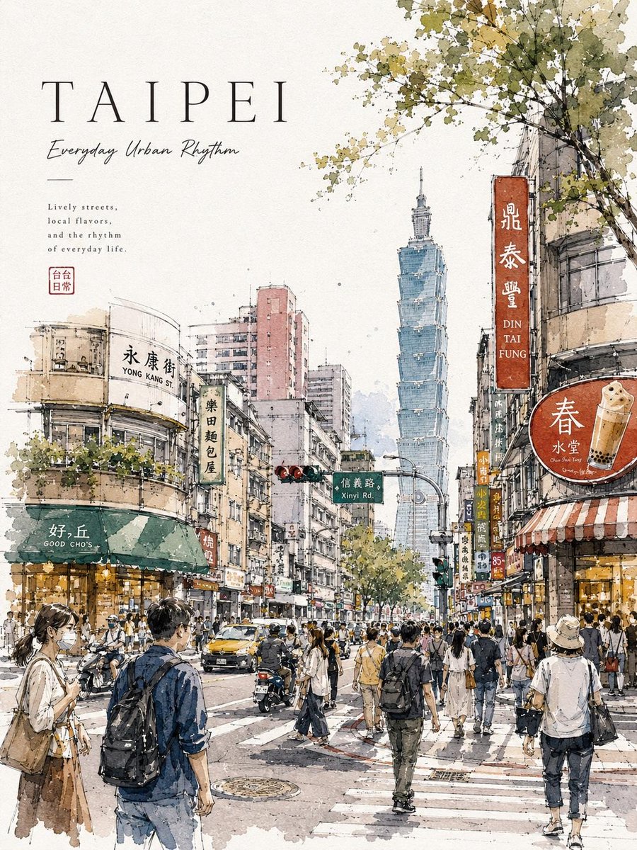 Watercolor travel poster lively city GPT Image 2 poster design prompt example
