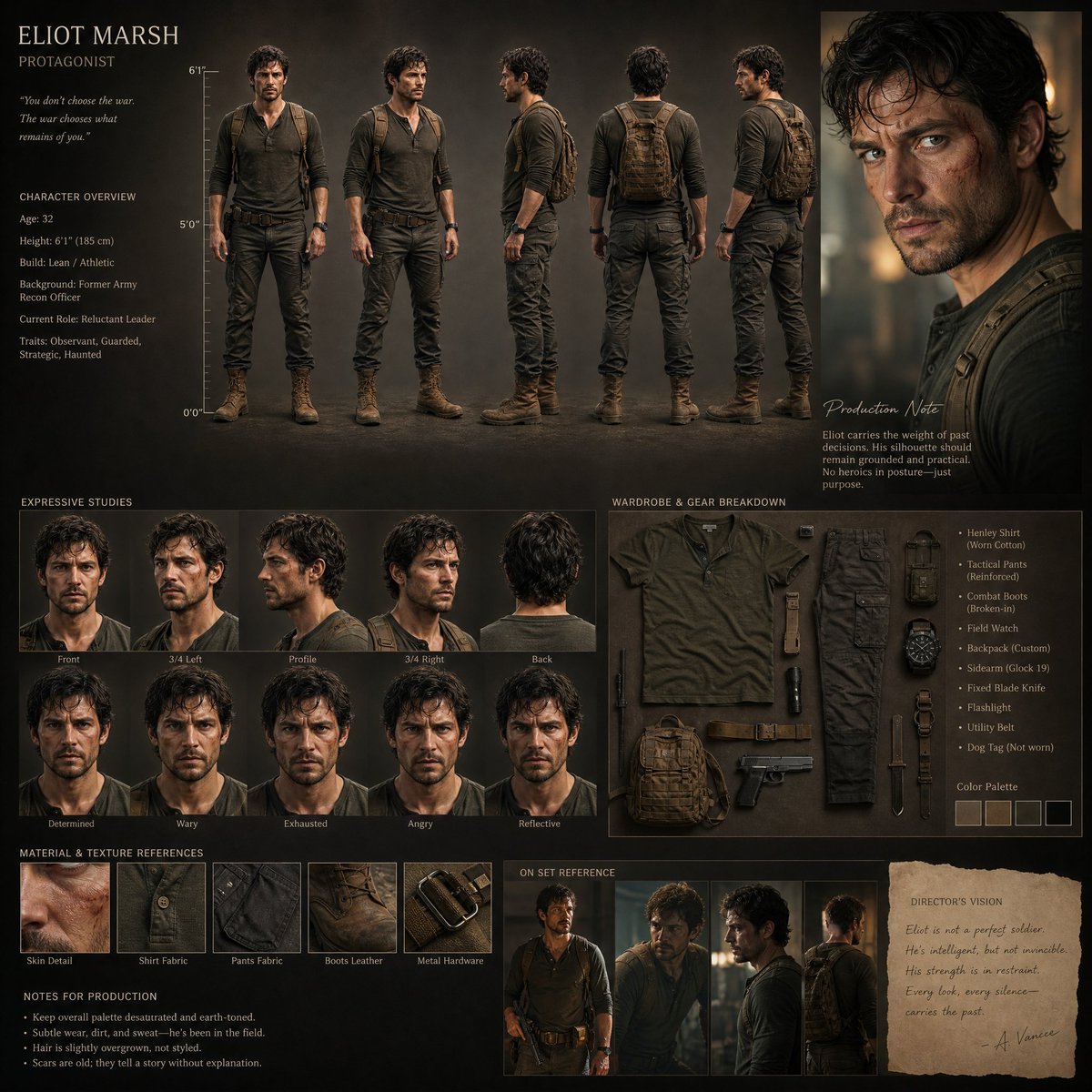 Cinematic realistic character design board GPT Image 2 portrait prompt example