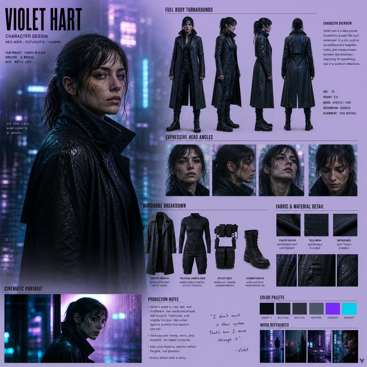 Cinematic realistic character design board GPT Image 2 portrait prompt example