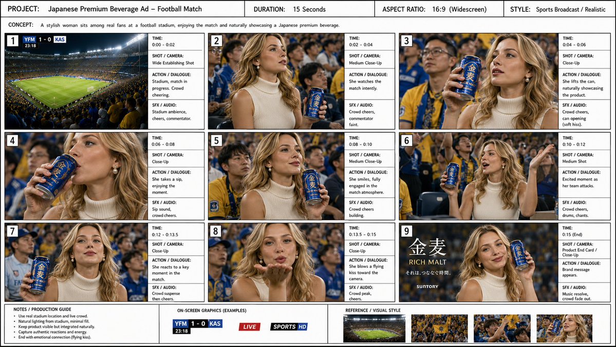 Hyper-realistic cinematic storyboard sheet 15-second GPT Image 2 poster design prompt example