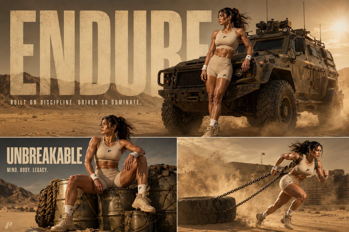 Three-panel cinematic desert tactical athlete GPT Image 2 poster design prompt example