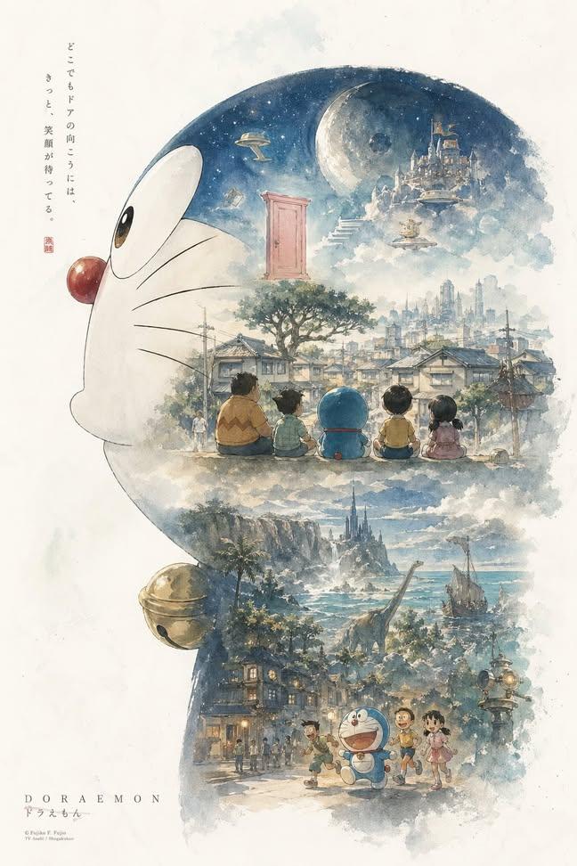 Watercolor-style illustration Doraemon's head silhouette GPT Image 2 poster design prompt example