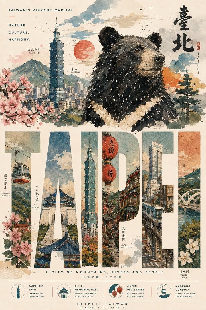 Watercolor ink travel poster Taipei GPT Image 2 poster design prompt example