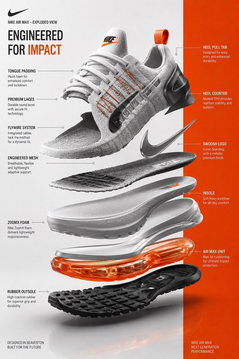 Premium exploded-view infographic futuristic Nike GPT Image 2 poster design prompt example
